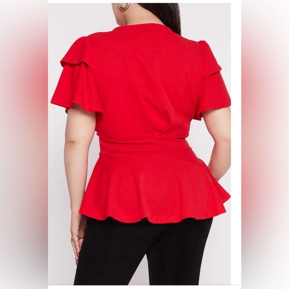 NWT Blouse Tiered Sleeve Tie Front Peplum- Red  Pit to pit 24 inches. 🌹🌹 - Picture 2 of 7